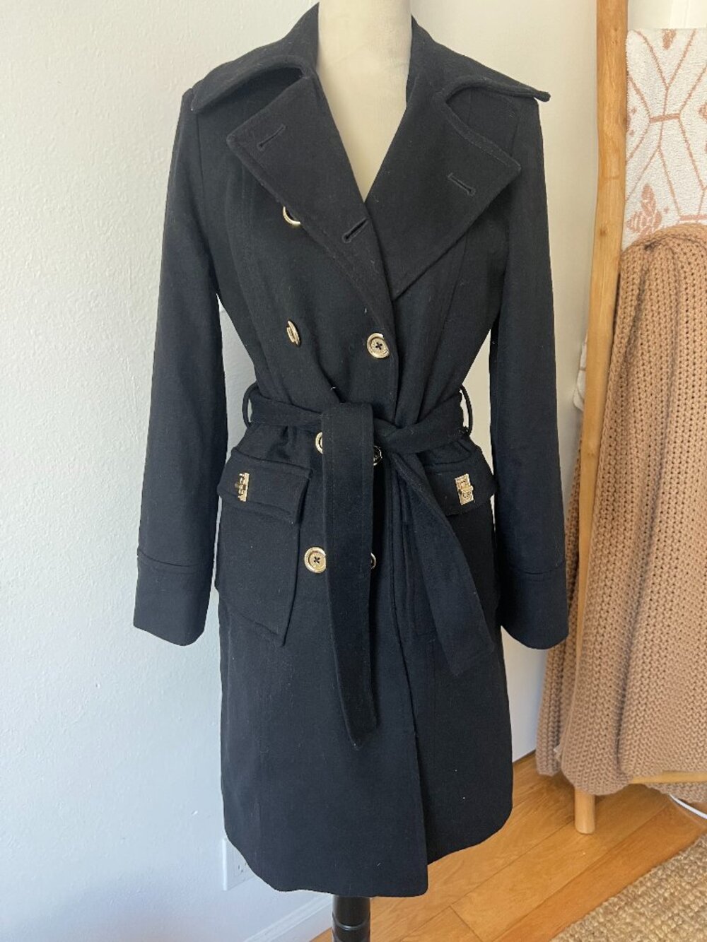 Michael Kors Wool Cashmere Blend Double-Breasted Belted Coat Black